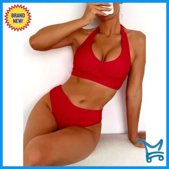 High Waisted Halter Bikini Set Twist Front Two Piece Swimsuit Summer Beach